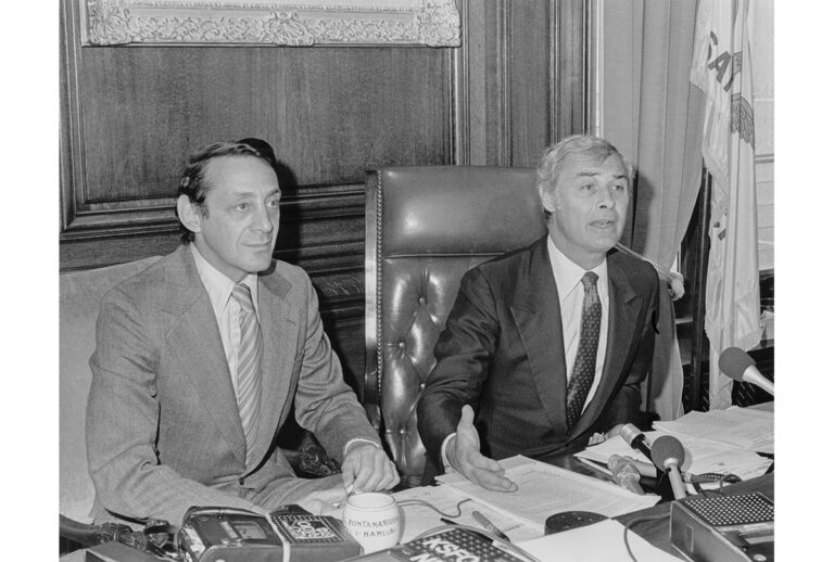 SFO Museum Exhibition; Supervisor Harvey Milk and Mayor George Moscone at City Hall March 29, 1978 Photograph by Efren Convento Ramirez (1941–2017) Collection of Efren Ramirez; Courtesy of the GLBT Historical Society OAC 2010-05; R2020.0604.003