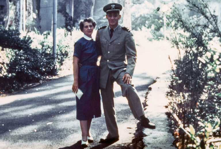 SFO Museum Exhibition; Minerva Milk with her son Harvey in U.S. Navy Service Dress Khaki uniform 1954 Photographer unknown Harvey Milk Archives-Scott Smith Collection, James C. Hormel LGBTQIA Center, SFPL 00357B; R2020.0602.001